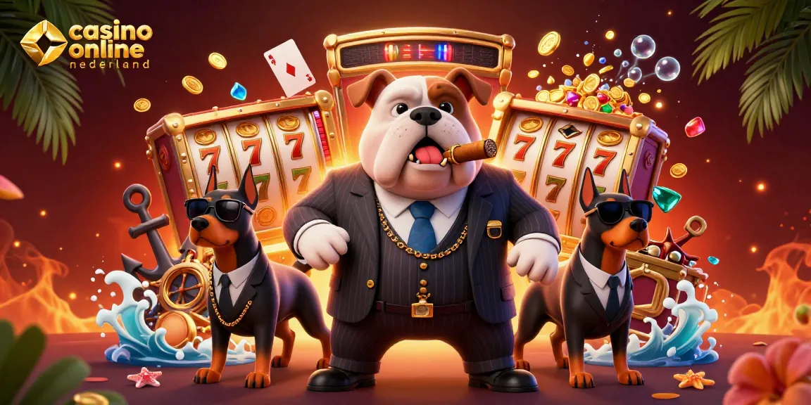Experience the thrill of casino online nederland with a lively 3D illustration of a mafia boss bulldog and his Doberman bodyguards amid vibrant gaming elements.