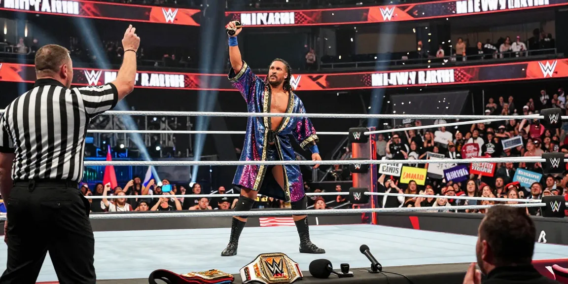WWE MJF showcasing intensity in the wrestling ring during a championship match, surrounded by fans and bright arena lights.