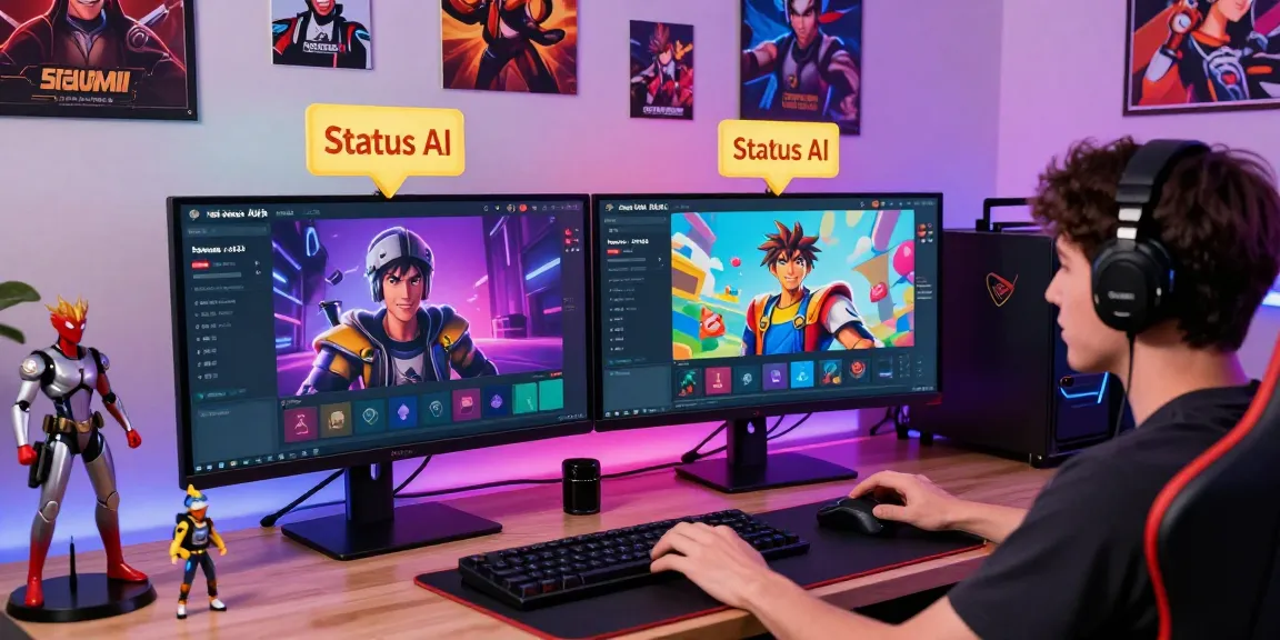 Player enjoying Status AI with dual monitors showcasing avatar customization and AI characters in an engaging gaming setup.