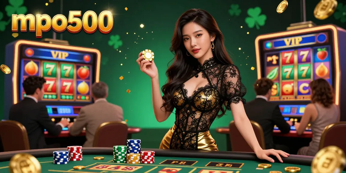 Engage in exciting slot gameplay at mpo500 with beautiful Asian woman enjoying a high-stakes atmosphere.
