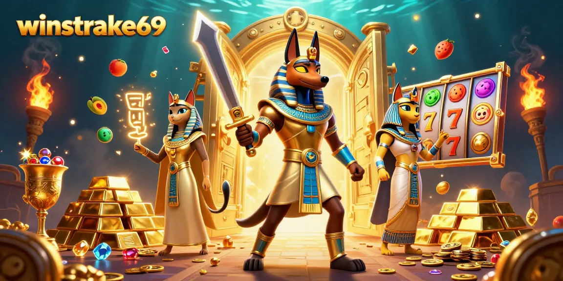 Winstrike69 showcases a vibrant casino scene with Anubis and Bastet amidst jackpot symbols.