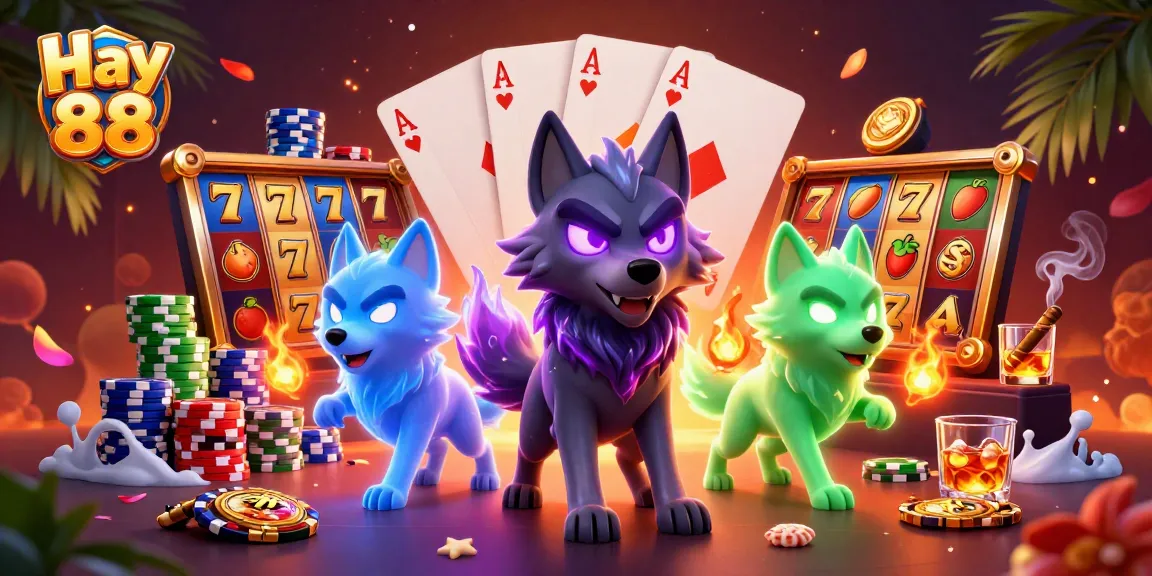 Experience thrilling gaming at Hay 88 with dynamic slot reels and vibrant ghostly wolves.
