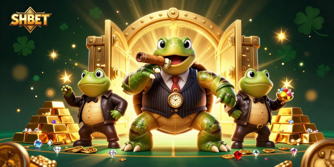 SHBET showcases a vibrant casino scene with a snapping turtle in a pinstripe suit surrounded by gold treasures.