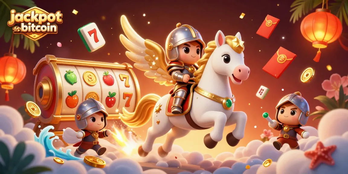 Play jackpot slots for bitcoin with a 3D celestial horse and knight amidst vibrant casino elements.