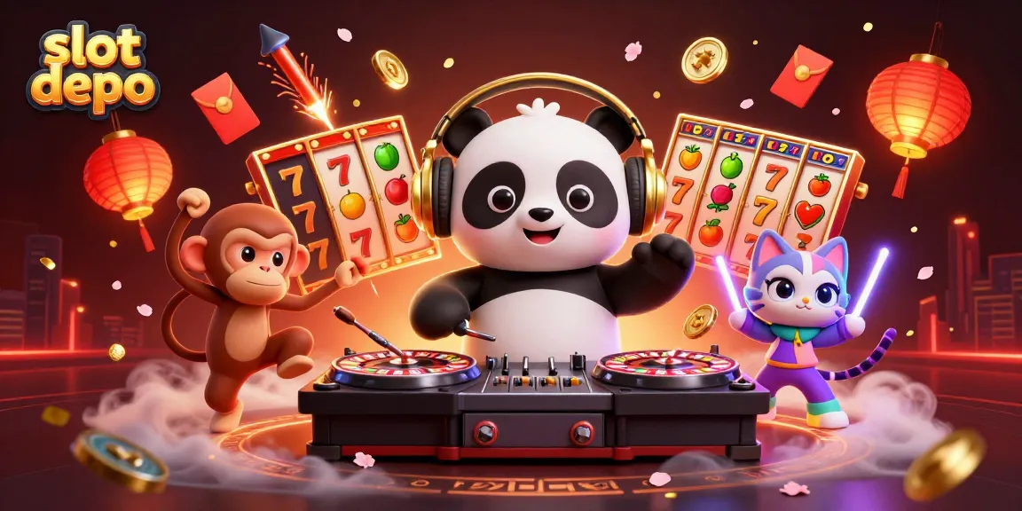 Experience thrilling gameplay with slot depo in a vibrant casino-themed scene full of lively characters.