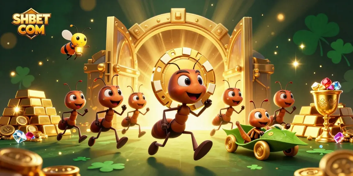 Bet on success with SHBET COM as ants carry a giant poker chip through a treasure cave.
