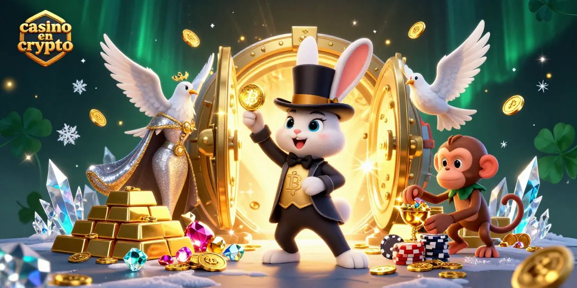 Jouez avec des pièces de Bitcoin dans un casino en crypto, entouré d'une magie animée et de trésors scintillants.