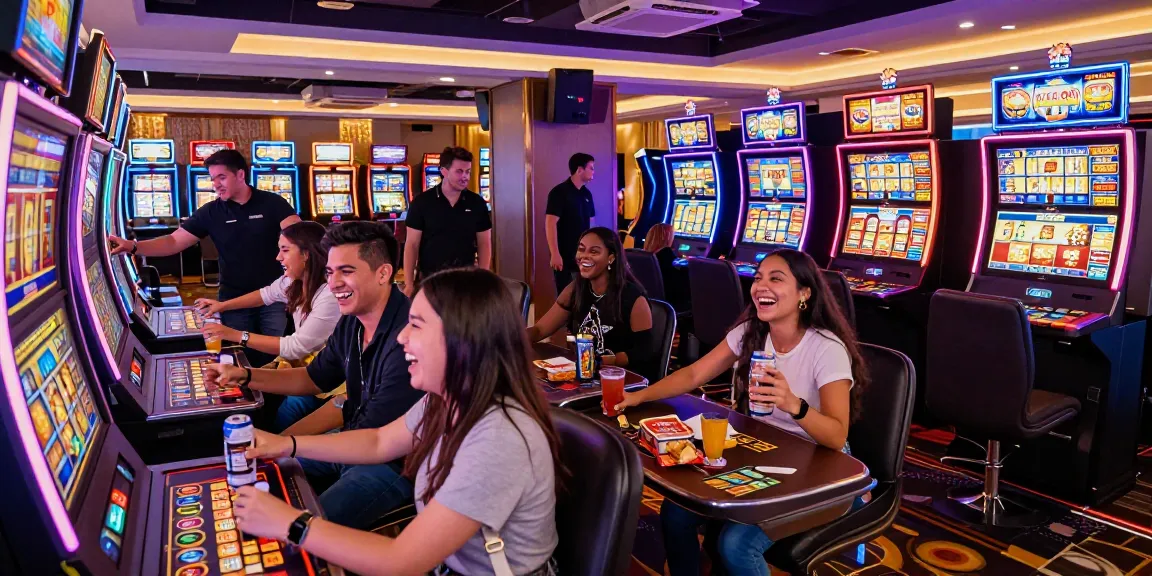 Experience the vibrant atmosphere at Garuda303 login with friends enjoying slot machines.