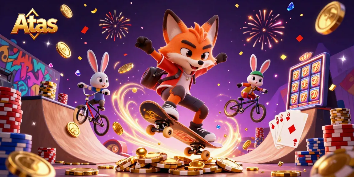 Atas casino illustration featuring a fox and rabbit performing tricks with casino symbols and gaming elements.