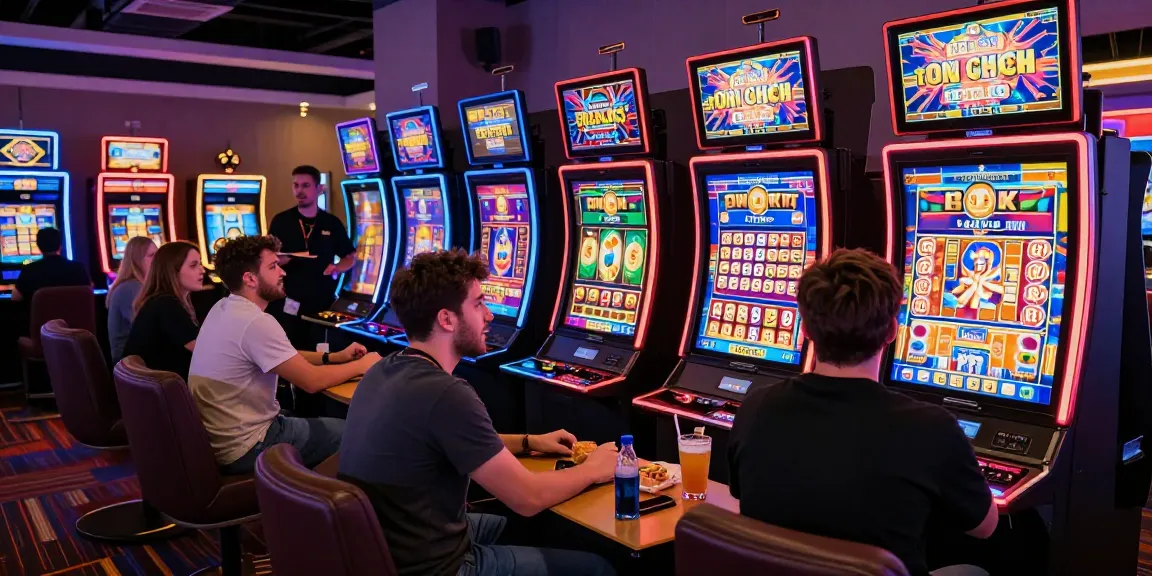 Players enjoying bonus buy slots at a lively casino with vibrant lights and modern decor.