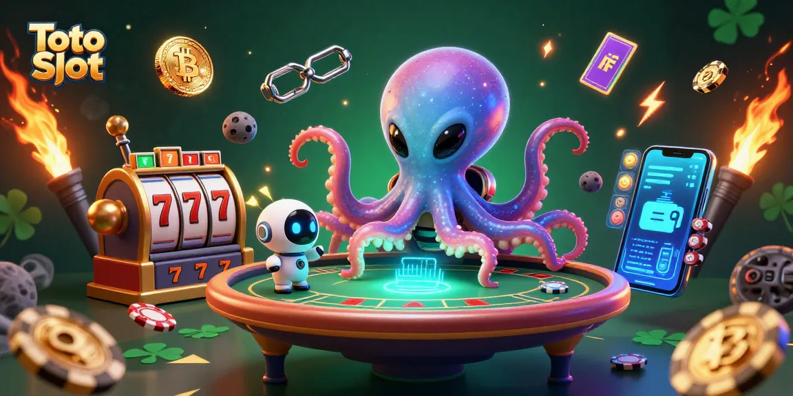Engage with Toto Slot through an illustration featuring an alien octopus and dynamic casino elements.