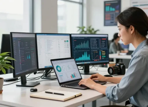 SEO specialist analyzing data on multiple screens, demonstrating best seo services for improved digital marketing strategies.