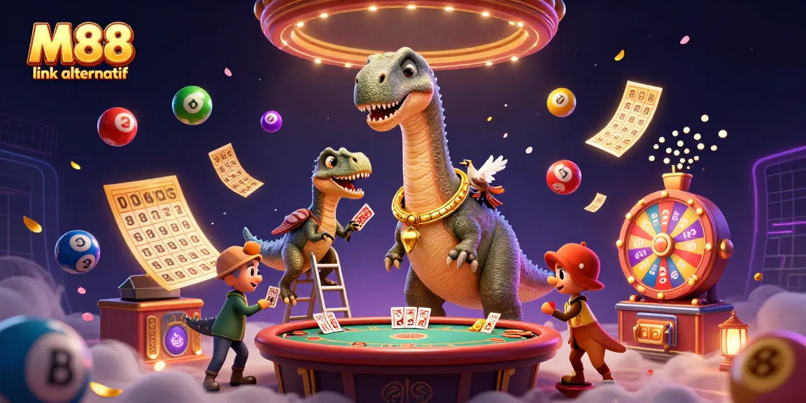 Engage with M88 link alternatif, featuring a vibrant 3D illustration of gambling fun and excitement.