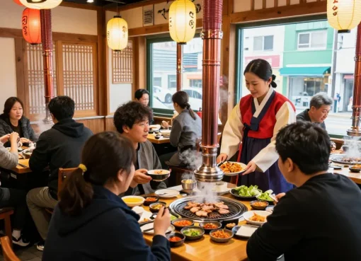 People enjoying 상봉동 한국관 dining experience with grilled dishes and vibrant decor.