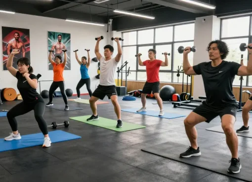 Unique Pharma Steroid Shop promoting fitness empowerment through intense group workout sessions in a vibrant gym.