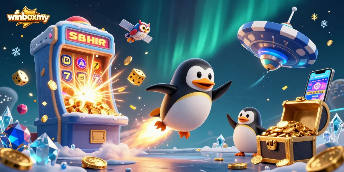 Winboxmy showcases thrilling casino adventures with a golden penguin and jackpot excitement.