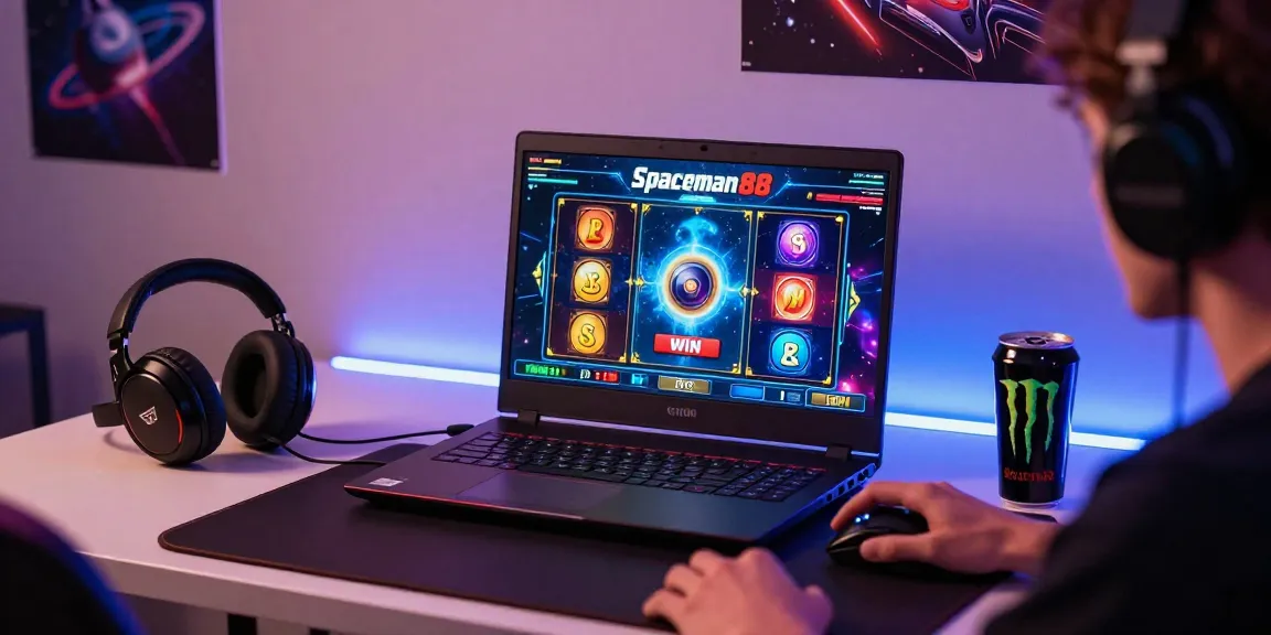 Player enjoying Spaceman88 slot game in a vibrant gaming setup.
