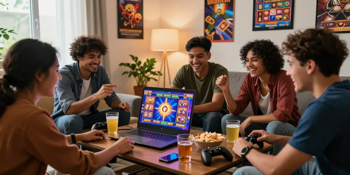 Group of friends enjoying slot online games in cozy living room with vibrant game graphics.