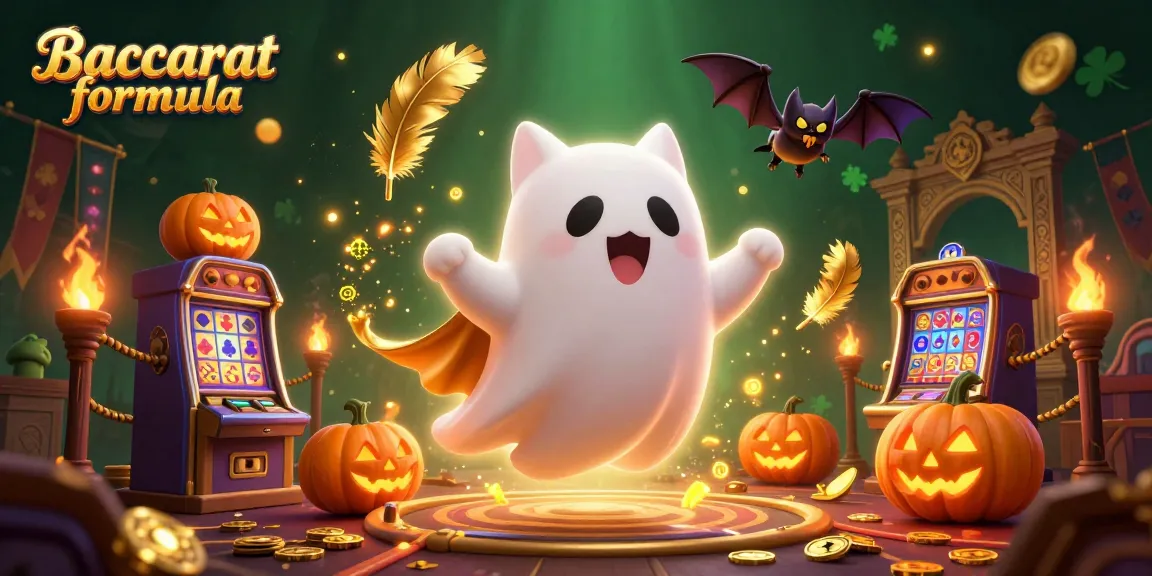 Baccarat formula illustrated as a friendly ghost cat and vampire bat celebrate in a haunted casino with golden accents.