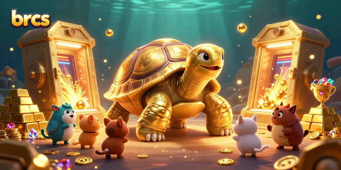 The brcs logo features in this vibrant 3D casino illustration showcasing exciting gameplay with a colossal tortoise.