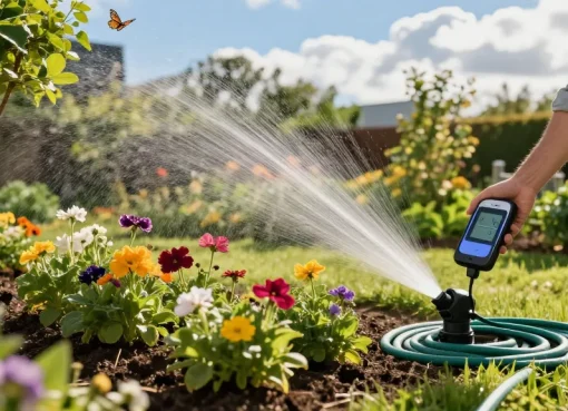 Using a rainpoint sprinkler timer to monitor plant moisture levels in a vibrant garden.