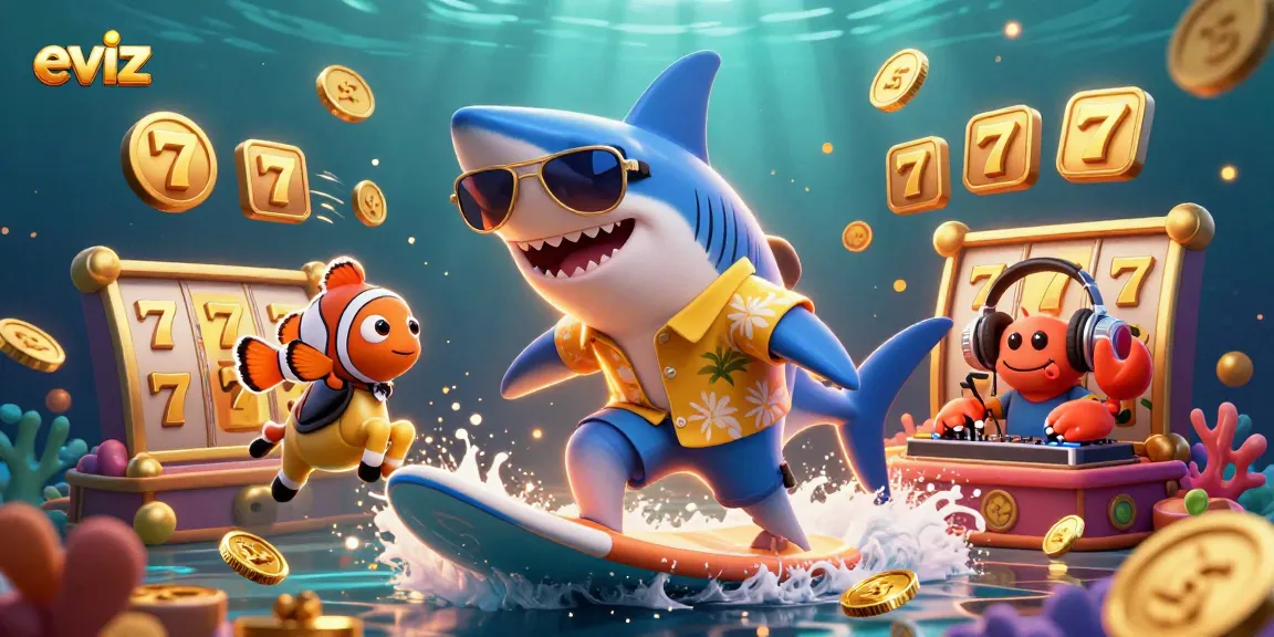 eviz showcases thrilling 3D cartoon characters surfing on gold coins amidst vibrant slots and gaming elements.
