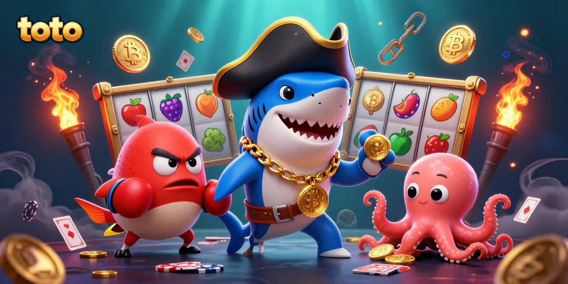 Spin and win with toto, featuring a pirate shark, pufferfish, and octopus amidst vibrant slot reels.