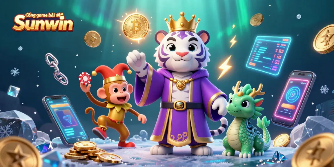 Cổng game bài đổi thưởng Sunwin showcases an elegant tiger, a jester monkey, and a jade dragon in a vibrant casino scene.