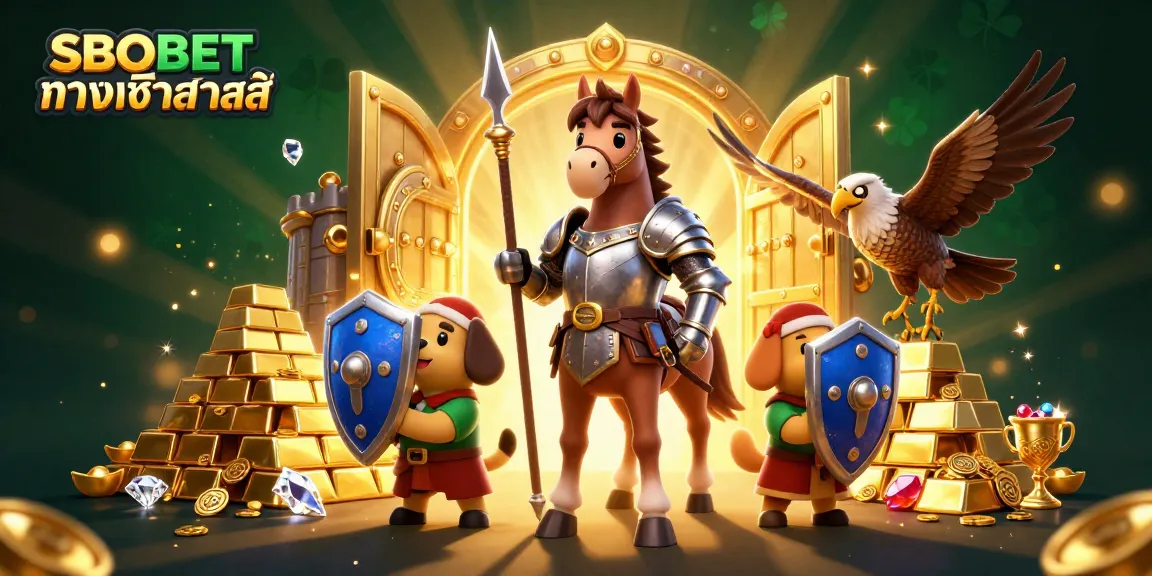 SBOBET ทางเข้าล่าสุด with medieval knight and horse, treasure vault, and sparkling gems in a dynamic casino scene.