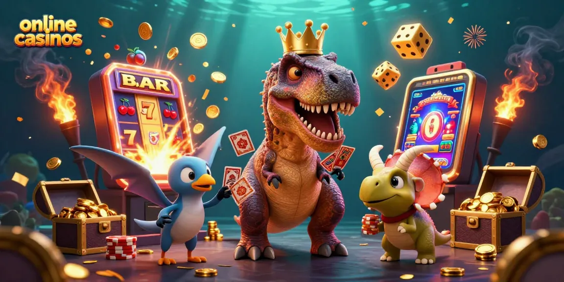 Explore the exciting world of online casinos with cartoon dinosaurs enjoying card games and jackpots.