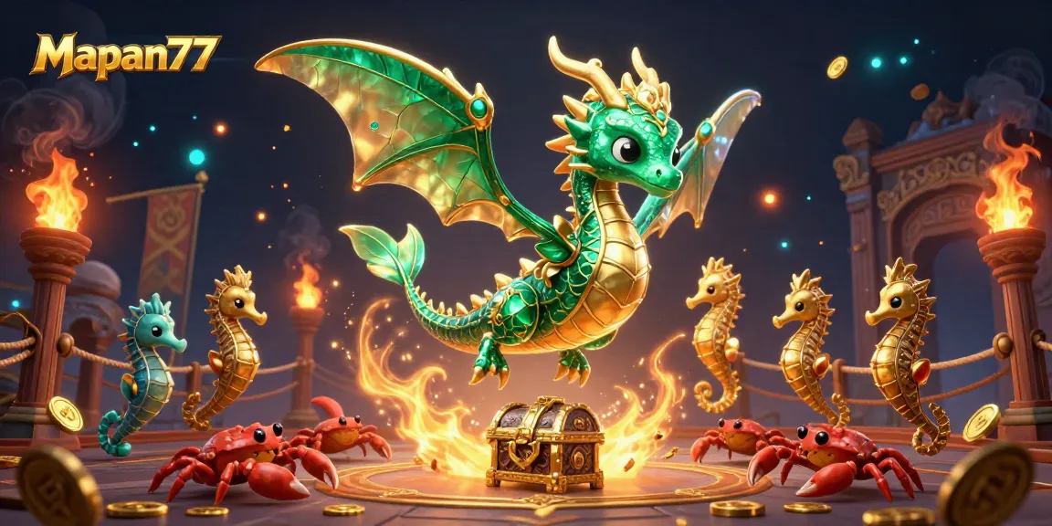 Engage with Mapan777 through an enchanting sea dragon and treasure-filled casino scene.
