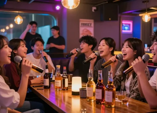 제주유흥에서 즐거운 시간을 보내는 친구들, 카라오케 바의 자연스러운 분위기.
