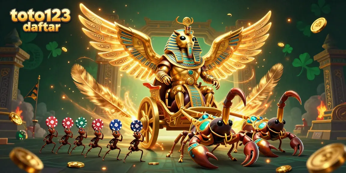 Toto123 daftar features a vibrant 3D illustration of a scarab beetle and scorpions with poker chips, showcasing thrilling lottery gaming.
