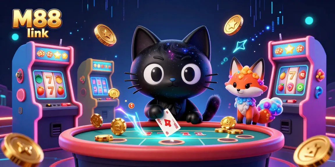 Join the excitement of M88 link with a vibrant cosmic casino featuring a black hole cat and colorful elements.