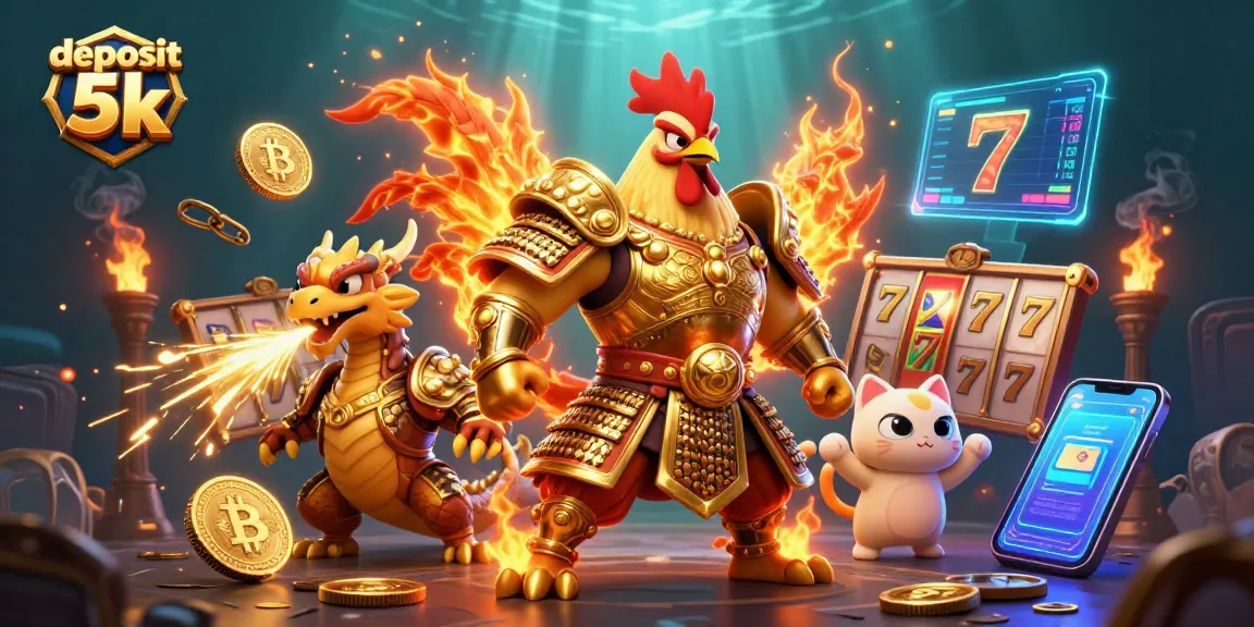 Engage in thrilling gameplay with deposit 5k featuring slot reels, golden samurai rooster, and a dragon hatchling