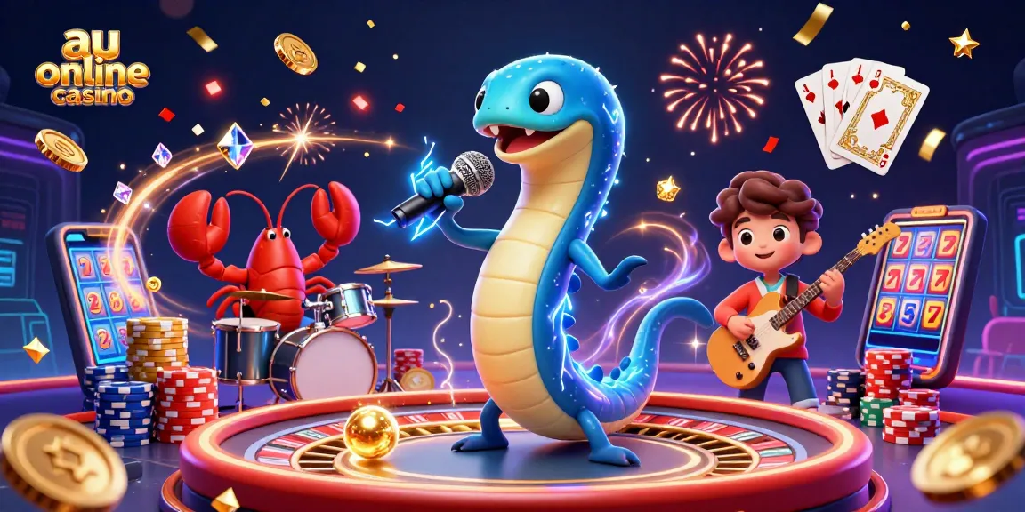A vibrant underwater casino scene showcasing the au online casino with electric eel DJ, lobster drummer, and seahorse guitarist.