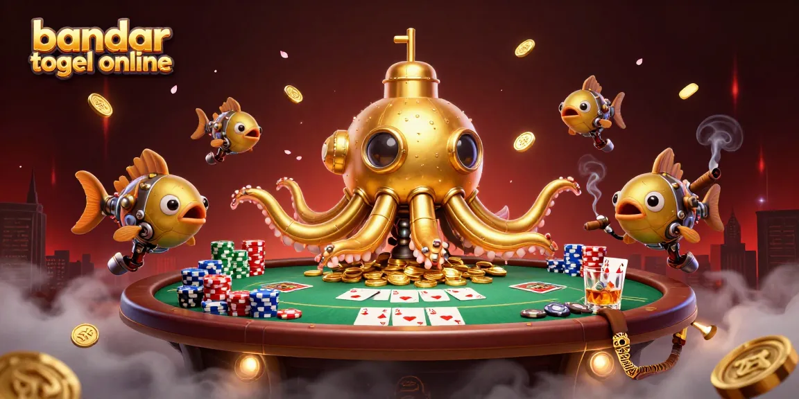 Experience thrilling bandar togel online action with a golden kraken submarine amidst poker excitement.