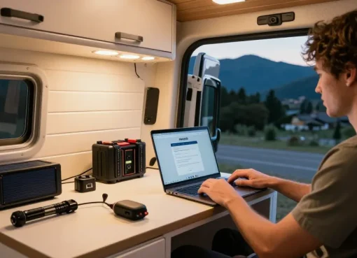 Comfortable van workspace with ROKOK88 login on laptop, showcasing modern van conversion essentials and scenic view.