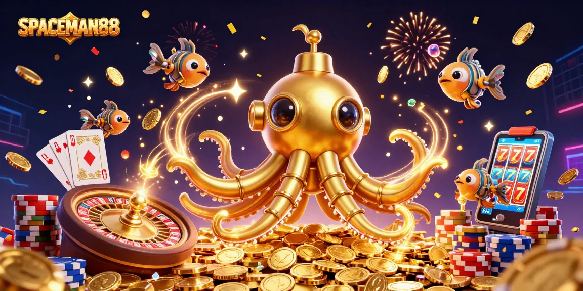 Capture the excitement of SPACEMAN88 with a golden kraken submarine amidst cascading coins and vibrant gambling elements.