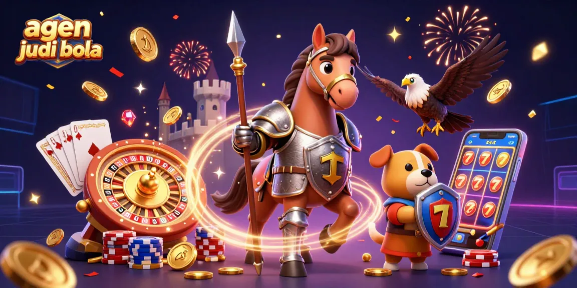 Bet on agen judi bola with a lively illustration featuring knights, coins, and casino elements.
