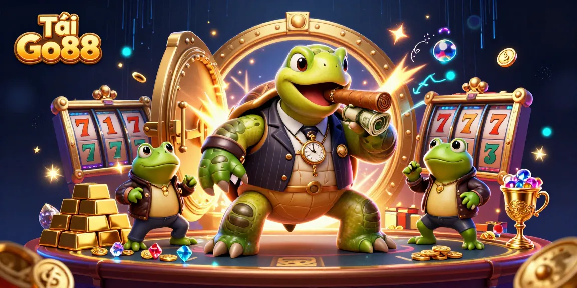 Tải Go88 and experience a thrilling casino night with our cartoon characters amid vibrant slot games and treasures.