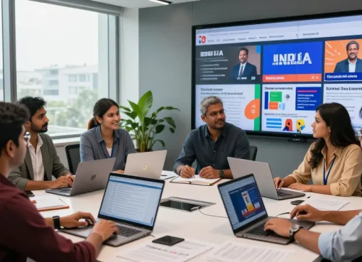 Engaged journalists at https://www.theindaily.com collaborating in a modern newsroom, showcasing the latest Indian news.