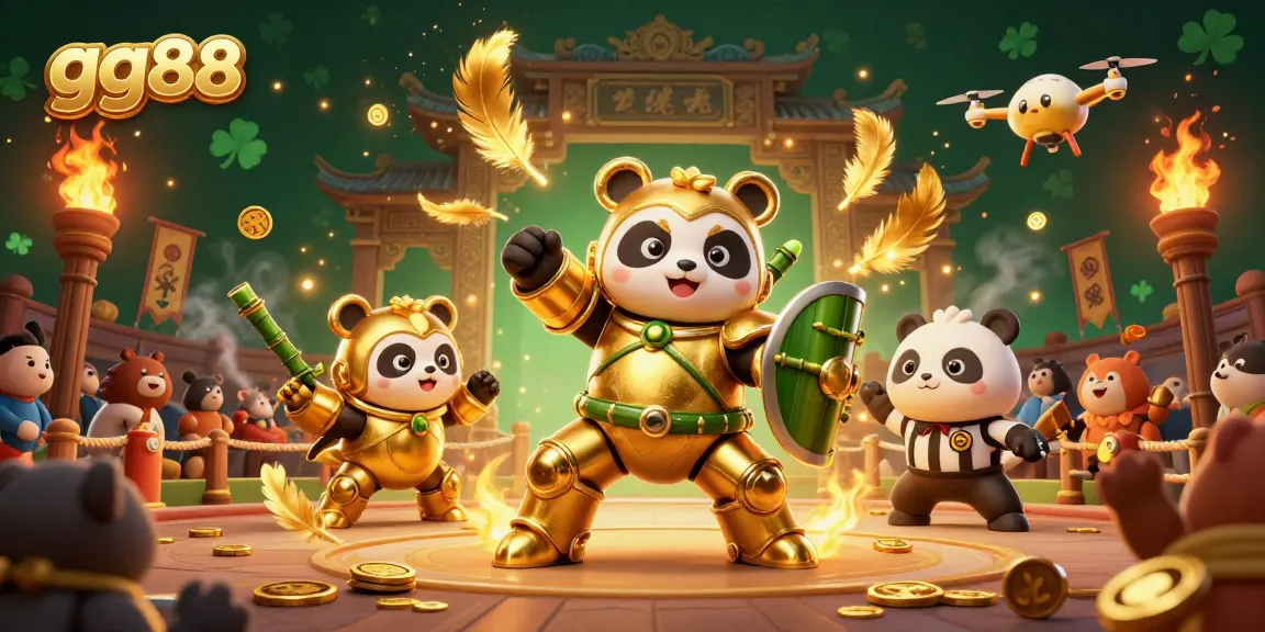 Experience gg88's thrilling cockfighting scene featuring a golden panda in a mech-suit.