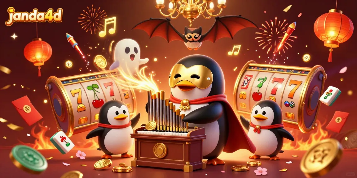Menangkan jackpot di janda4d dengan gambar kartun unik dari penguin opera yang membagikan koin emas dalam suasana kasino yang megah.