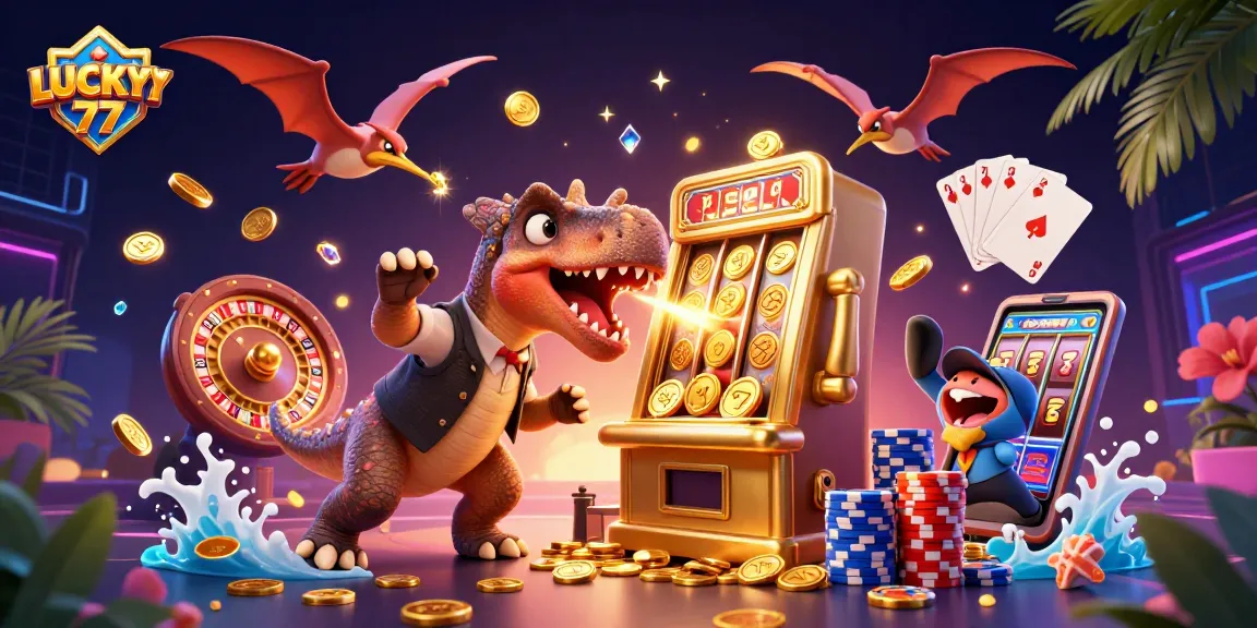 LUCKY77 jackpot scene with a pachycephalosaurus, ankylosaur, and pteranodon amidst flying coins.