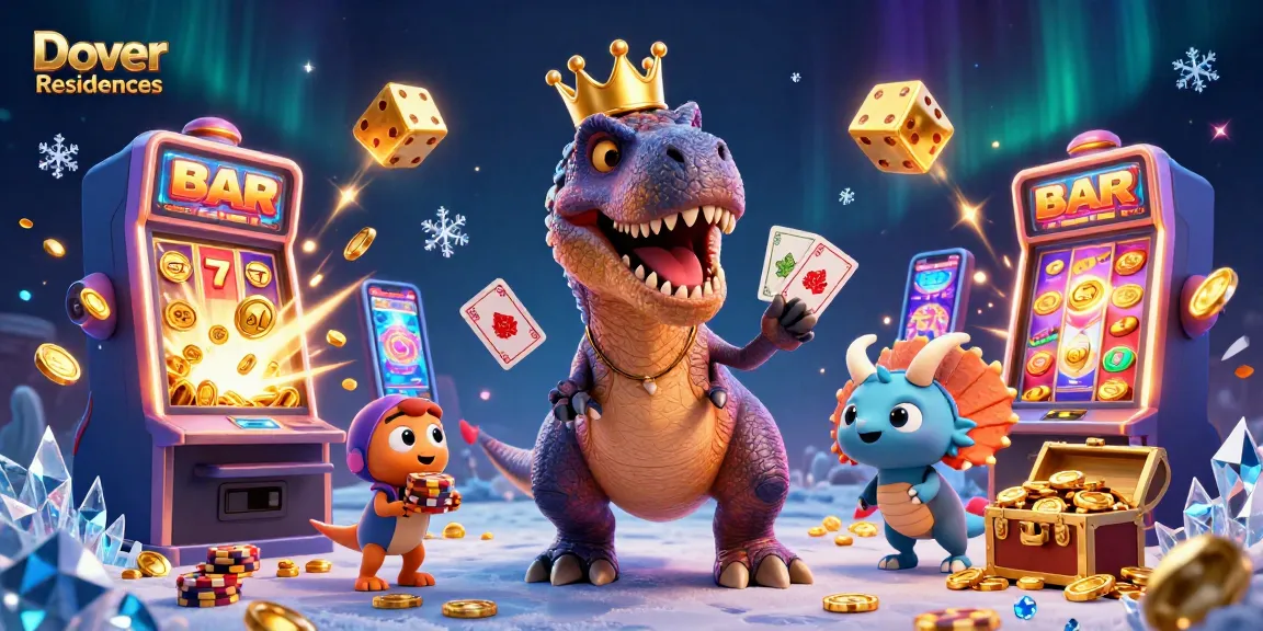 Dover Residences showcases a colorful casino scene with playful dinosaurs engaged in gaming.