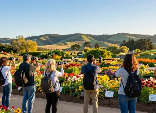 Tourists enjoying the beautiful Capay Valley Garden Tour at https://www.thecapayvalleygardentour.com, capturing vibrant flower displays.